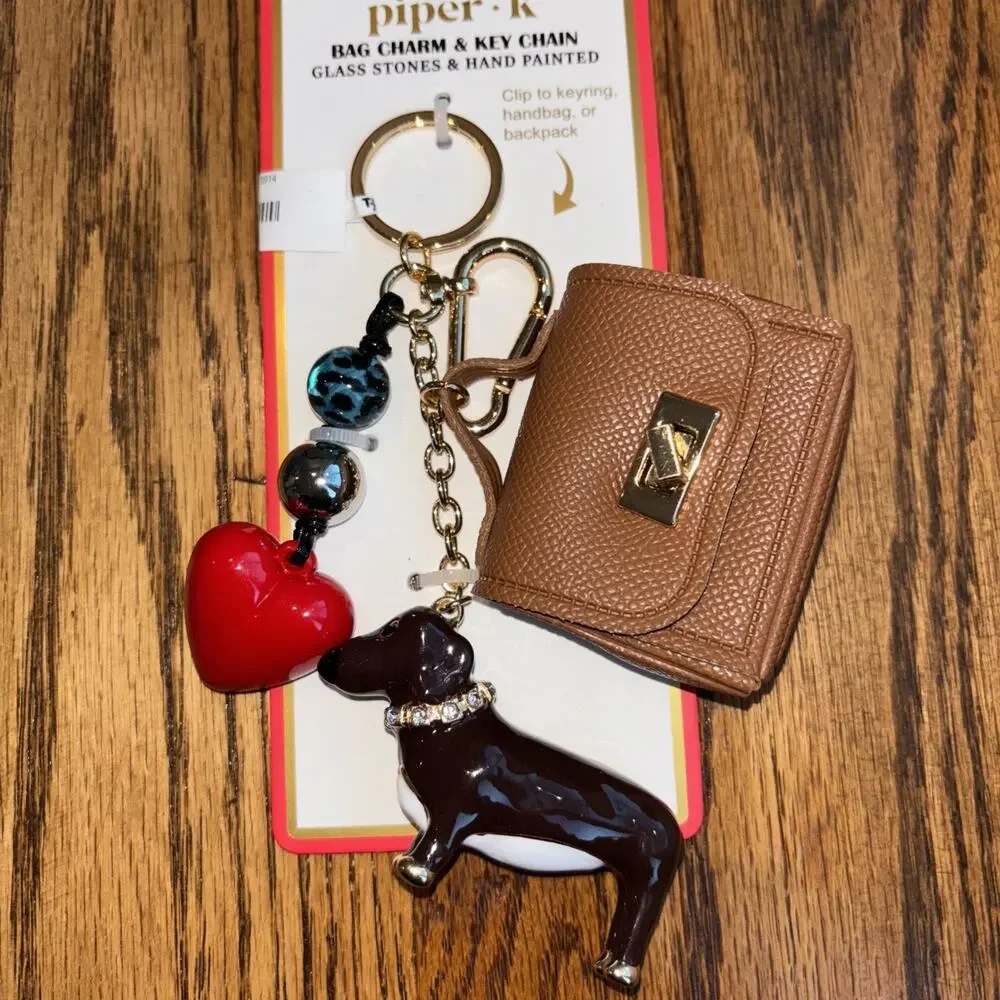 Piper K Dachshund Doxie Bag Charm & Key Chain Heart Purse Glass Stones New